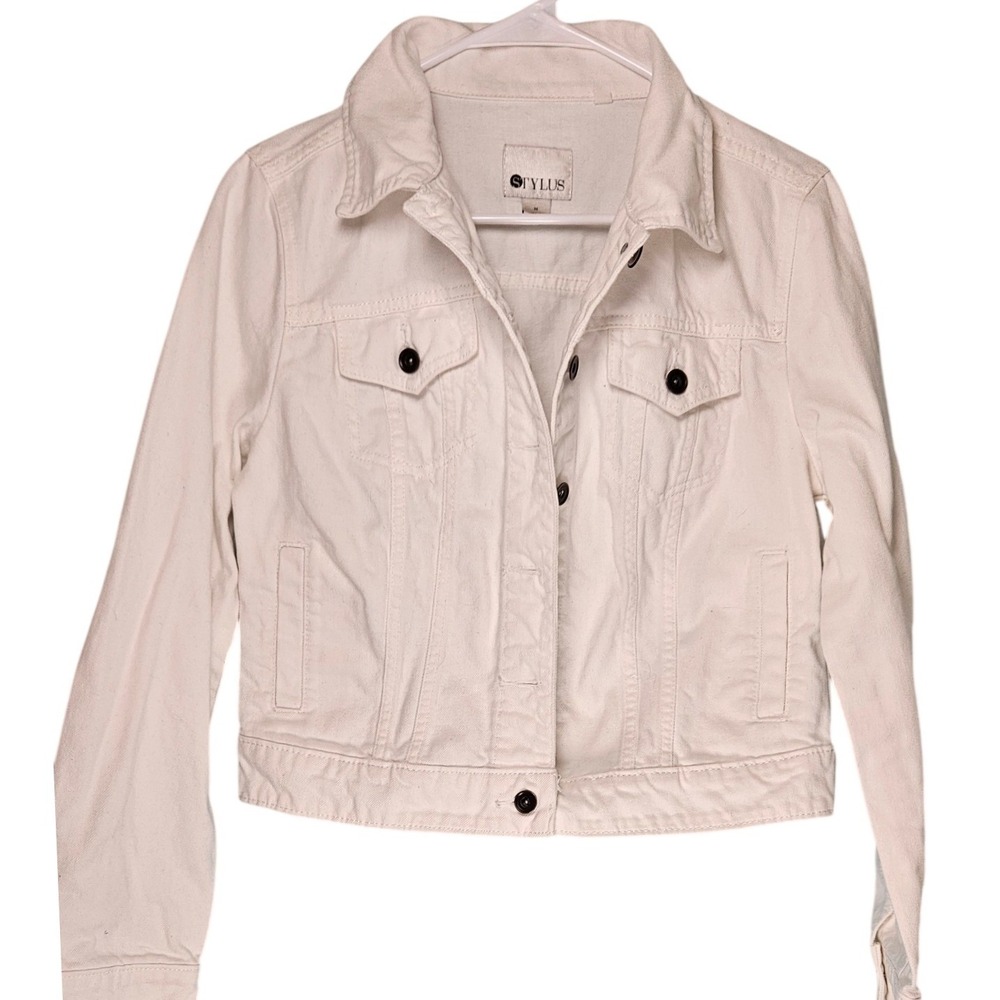Stylus Womens White Denim Cropped Trucker Jacket Medium Retro Clean Girl Coastal